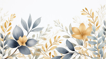 Festive flowers and leaves, Golden Watercolor Illustration, Charming floral background , festive illustration, wedding card
