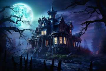  A seemingly haunted mansion stands isolated under a full moon, exuding a creepy and eerie aura - obrazy, fototapety, plakaty