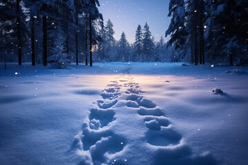 A trail of mysterious footprints appear in freshly fallen snow, leading into the dark forest ahead - Powered by Adobe