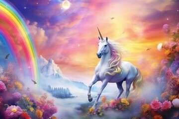 Enchanted unicorn in stunning sky with vibrant rainbow and puffy clouds. Imaginary realm. Generative AI