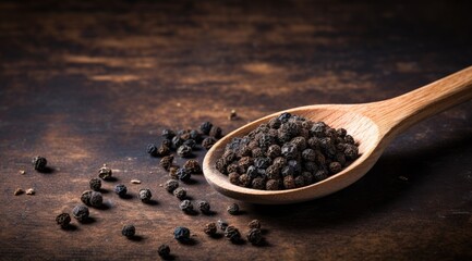Black pepper in a wooden spoon isolated on black background - obrazy, fototapety, plakaty