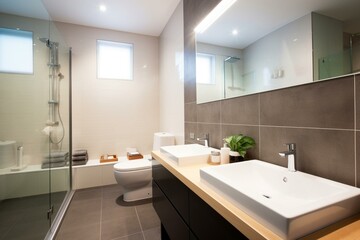 Fototapeta na wymiar Modern bathroom with tiled surfaces, contemporary fixtures & furnishings. Generative AI