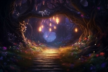 Obraz na płótnie Canvas Nighttime forest with sparkling lights, mystical garden, fairy landscape, misty dark ambiance, pathway through trees and blooming flower under moonlight. Generative AI