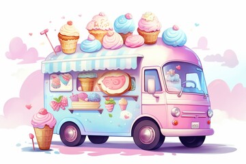 Illustration of a charming pastel ice cream truck, suitable for posters, kids' clothing, and cards. Generative AI