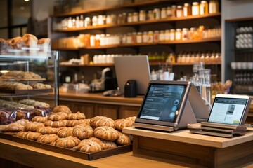 An upscale bakery and store with a cash register displaying no content and a tablet on a wooden counter. Background includes shelves and product displays. Generative AI