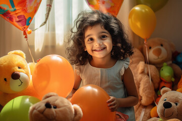 Fototapeta na wymiar Cute little girl child smiling and holding colorful balloons