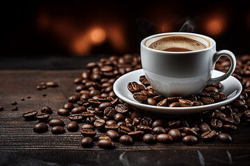 コーヒー豆に囲まれて暖かいコーヒーを飲む