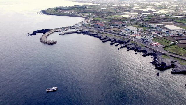 Drone video of the rocky coast of Jeju Island, South Korea