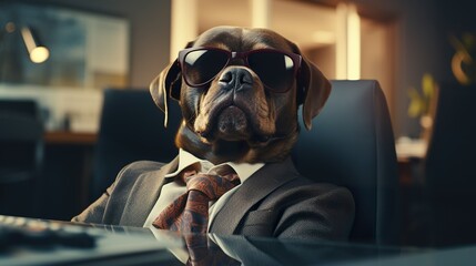 burnout dog in businessman suit at office desk.