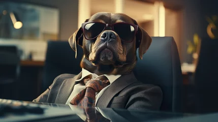 Poster burnout dog in businessman suit at office desk. © jakapong