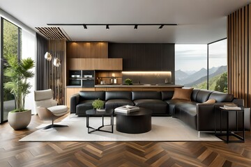Luxurious living room and kitchen with natural stone, leather sofa and open space garden with plants and grass. Black granit kitchen island with stools. Stylish and comfortable sitting area with a mod
