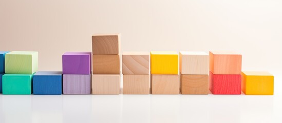 Rainbow colored wooden blocks arranged diagonally with depth on a white background