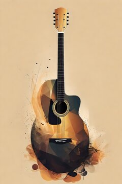 An semi abstract illustration of an acoustic guitar poster done in a cubist style art