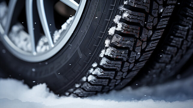 Capture a close-up of winter tire treads on a snowy road, showcasing the tire's grip and traction in winter condition