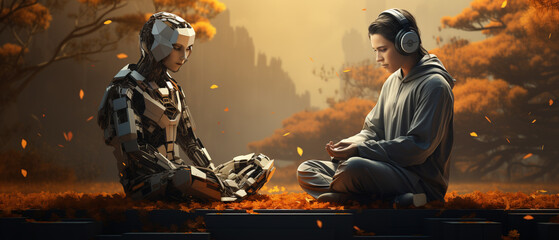 Human and robot in peaceful meditation together