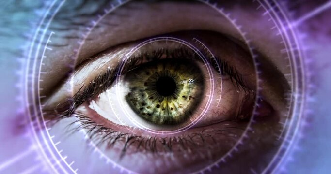 Closeup of a man eye with futuristic high technology hud overlay - face looking at the camera - pupil enlarge - purple neon colors
