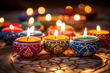 Colorful clay diya lamps lit during diwali celebration - obrazy, fototapety, plakaty