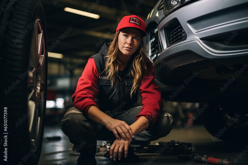 Canvas Prints Portrait Shot of a Female Mechanic Working Under Vehicle in a Car Service.