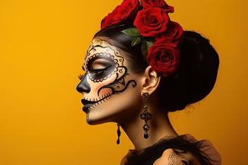Head shot in the profile of Katrina Calavera on a yellow background