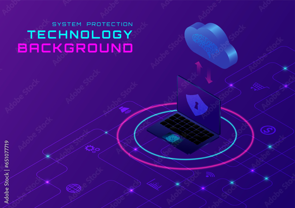 Fototapete 3d protection technology Logging into the cloud computer data exchange system using a laptop with fingerprint scanning. Icons and circuits below the left corner have space to place text.