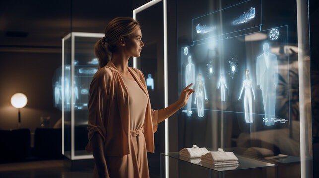 Woman with AI fashion advisor trying virtual outfits