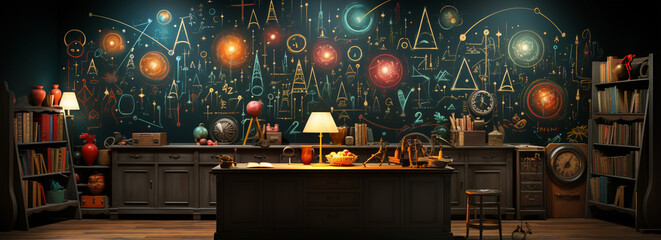 maths written on the blackboard, educational office materials on the desk and books on cupboard wallpaper