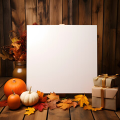 A blank canvas with autumn and thanksgiving day decorations around it