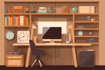 Workplace with desktop, shelf, and window. Generative AI