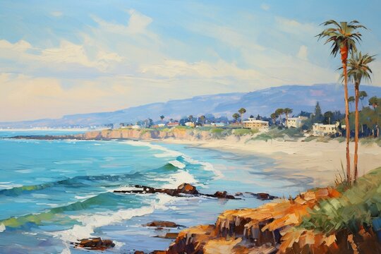 Coastline in Santa Barbara, California depicted with palette knife and oils, in a modern impressionistic style. Generative AI