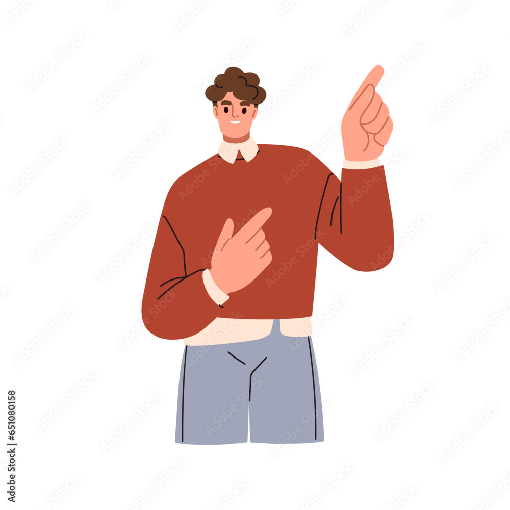 Poster happy man pointing up and aside, showing something with hand gesture. businessman presenting, indica