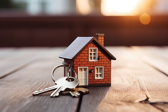 Miniature photo of a house with a key on a wooden table
