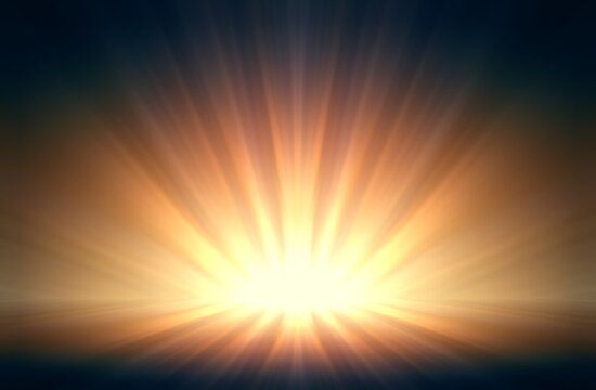 Bright beams of flash illuminated dark empty stage 3d background.