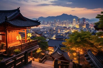 Fototapeta na wymiar The Seoul skyline overlooks traditional Bukchon Hanok village in South Korea. Generative AI