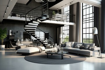 Contemporary loft with spiral stairway and furniture - panoramic grayscale 3D representation. Generative AI