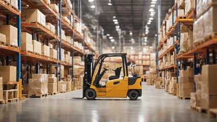 Warehouse full of shelves with goods in cartons, with pallets and forklift. Logistics and transportation blurred background