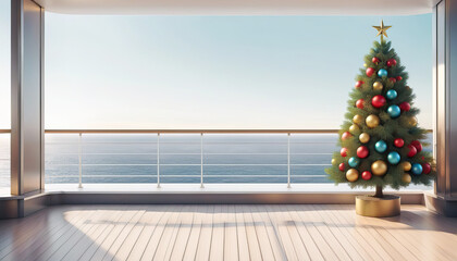 Christmas tree on the deck of a cruise ship with copy space - obrazy, fototapety, plakaty