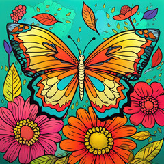 Colouring page for kids, a vibrant butterfly fluttering among colourful flowers AI Generated