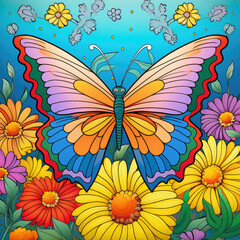 Fototapeta na wymiar Colouring page for kids, a vibrant butterfly fluttering among colourful flowers AI Generated