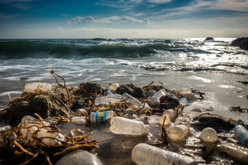 Fototapeta na wymiar Ocean pollution; plastic; environmental issue. Generative AI