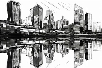A hand-drawn urban landscape with tall buildings, mirrored on water, against a plain backdrop in black and white. Generative AI