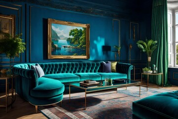 y sofa of purple colors with  blue background, on the wall beautiful painting, landscape view seen...