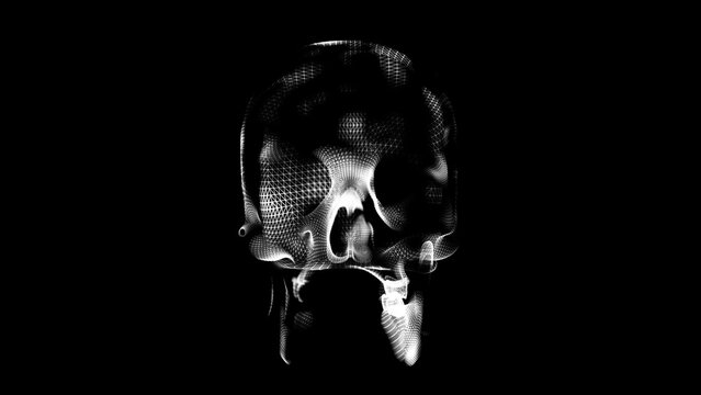 A human skull with white flashes on a black background. Skull scanning. A symbol of danger. Tomography of the brain. Pain in the skull. 3D animation.