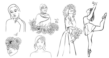 Set of line art girl with flower Muslim, African, ballerina vector illustration 