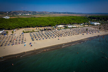Aerial drone view of Spille beach in Albania with pine forest