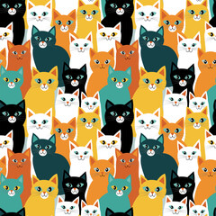 Seamless Pattern with Different Colored Cats, Flat Vector Illustration, in Yellow, Orange, Mint Green, Black and White. Wallpaper Design for Textiles, Papers, Prints, Fashion, Kids Products