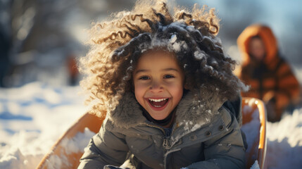 Portrait of a cute little african american girl with curly hair in winter park.