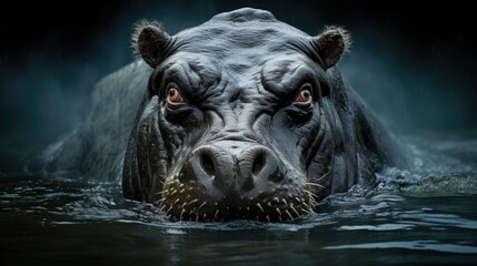 An evil hippo-like creature is swimming in the water, AI - obrazy, fototapety, plakaty