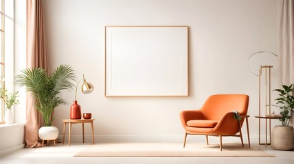 Empty frame mockup on wall in modern living room. Minimalistic concept of home decor. Illustration with copy space for template, artwork, wall art, painting, photo or poster.