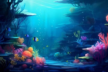 Fototapeta na wymiar swimming fish near corals, algae, blue background, yellow water glow, red glow from bottom. Generative AI