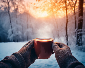 雪の風景を眺めながら温かいコーヒーを飲む - obrazy, fototapety, plakaty
